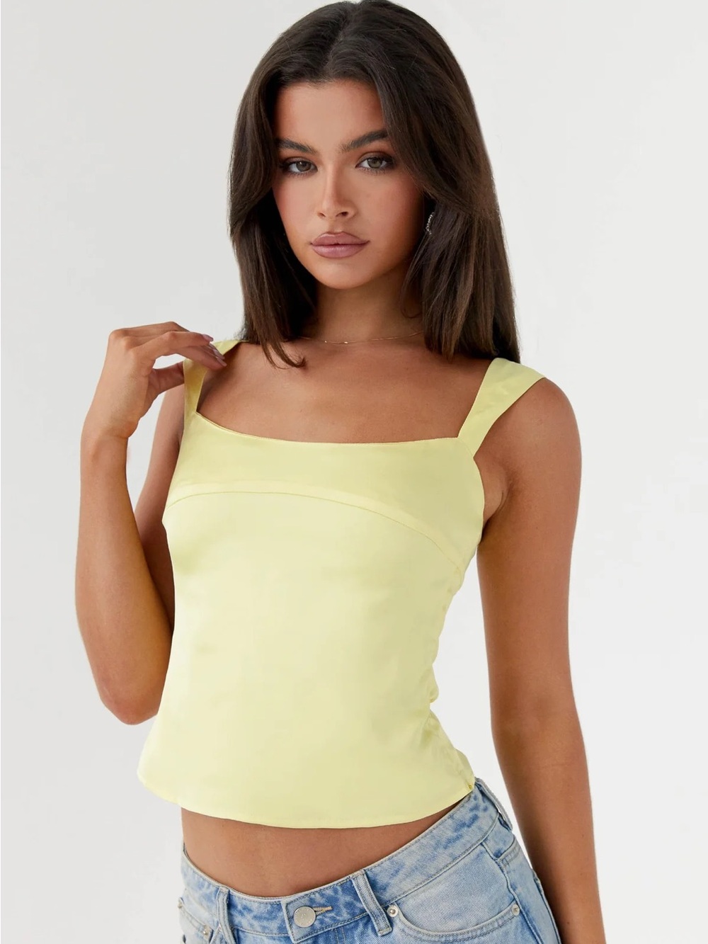 Peppermayo Lylah Yellow Satin Square Neck Top Size US 16 NWT